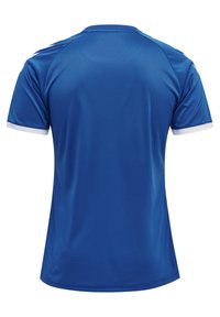 Blauwe sport T-shirt met een gladde structuur, korte raglan mouwen en witte rand bij de hals en mouwranden. Geen zichtbare patronen.