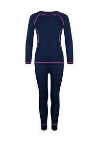 Navy long-sleeve top and matching leggings, made of soft fabric with contrasting pink stitching and accents on cuffs and neckline.