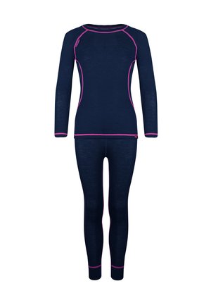 Navy long-sleeve top and matching leggings, made of soft fabric with contrasting pink stitching and accents on cuffs and neckline.