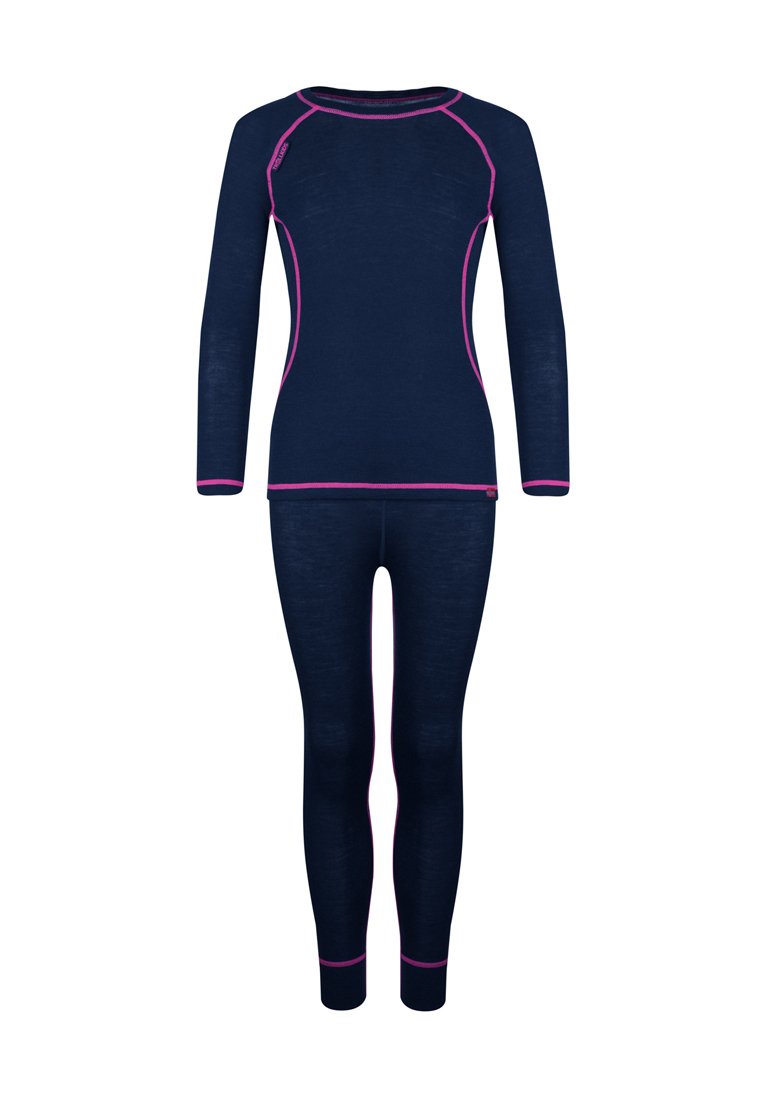 Navy long-sleeve top and matching leggings, made of soft fabric with contrasting pink stitching and accents on cuffs and neckline.