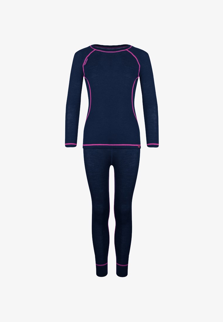 Navy long-sleeve top and matching leggings, made of soft fabric with contrasting pink stitching and accents on cuffs and neckline.