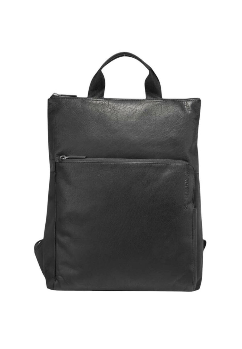 Mochila negra de cuero con una textura suave, forma rectangular, asas superiores y un bolsillo con cremallera en la parte frontal. Diseño minimalista con detalles sutiles.