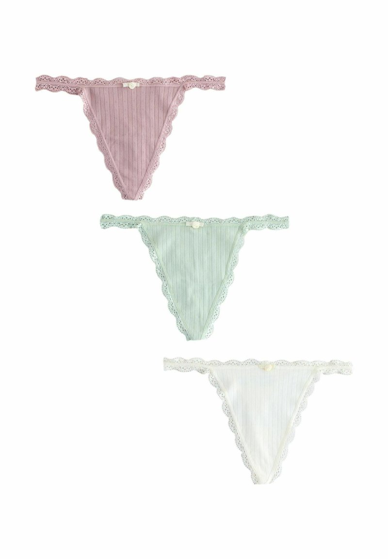 Tre blonde-trimmede tangas i varierende farver: mauve, lys grøn og hvid. Ribbet tekstur med bølgede kanter og små knapdetaljer.