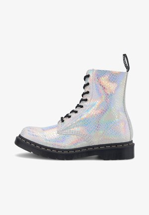 Lace-up ankle boot featuring a holographic snakeskin pattern, glossy finish, black sole, and black eyelets for laces.