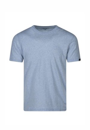 T-shirt à manches courtes et col rond bleu clair avec une petite étiquette noire sur la manche gauche, présenté sur un fond blanc.