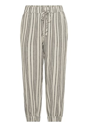Gestreifte Hose in Beige und Dunkelgrau. Verfügt über einen elastischen Bund, eine verstellbare Kordel und cuffed Knöchel. Hergestellt aus leichtem Stoff.