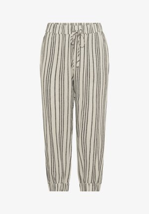 Ribadega püksid beeži ja tumehalliga. Omab elastset vööd, reguleeritavat nööriga ja mansetiga sääri. Valmistatud kerge kangast.