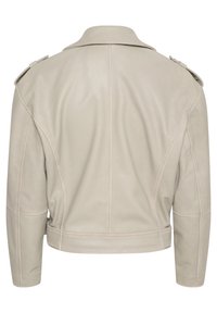 Beige Lederjacke mit glatter Textur, strukturierten Schulterdetails und einem klassischen Kragen. Verfügt über gestickte Akzente entlang der Nähte.