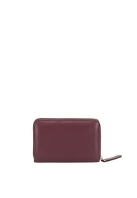 Burgundy leather wallet with a textured surface, rectangular shape, gold zipper, and a detachable strap. Compact design for easy carrying.