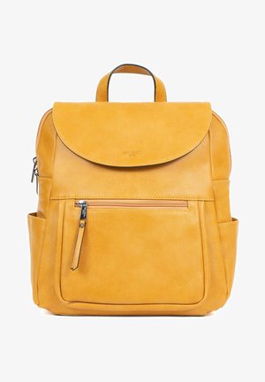 Yellow leather backpack with a rounded flap, front zip pocket, side pockets, and a textured finish. Top handle and adjustable straps.