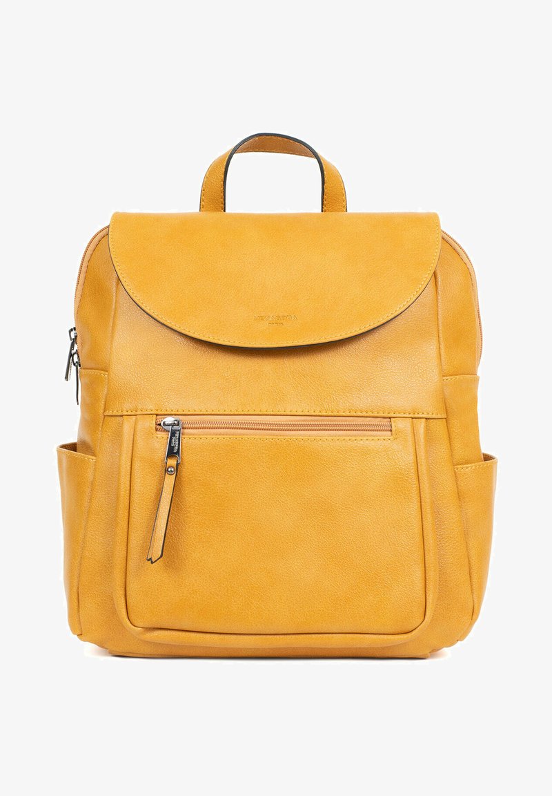 Yellow leather backpack with a rounded flap, front zip pocket, side pockets, and a textured finish. Top handle and adjustable straps.