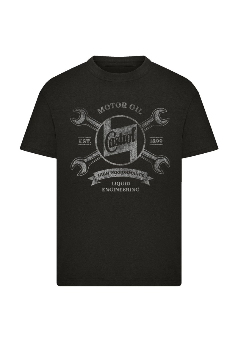Schwarzes T-Shirt mit einem Vintage Castrol-Logo, gekreuzten Schraubenschlüsseln und Texten wie "Motoröl", "Gegründet 1899", "Hochleistung" und "Flüssingenie Engineering."