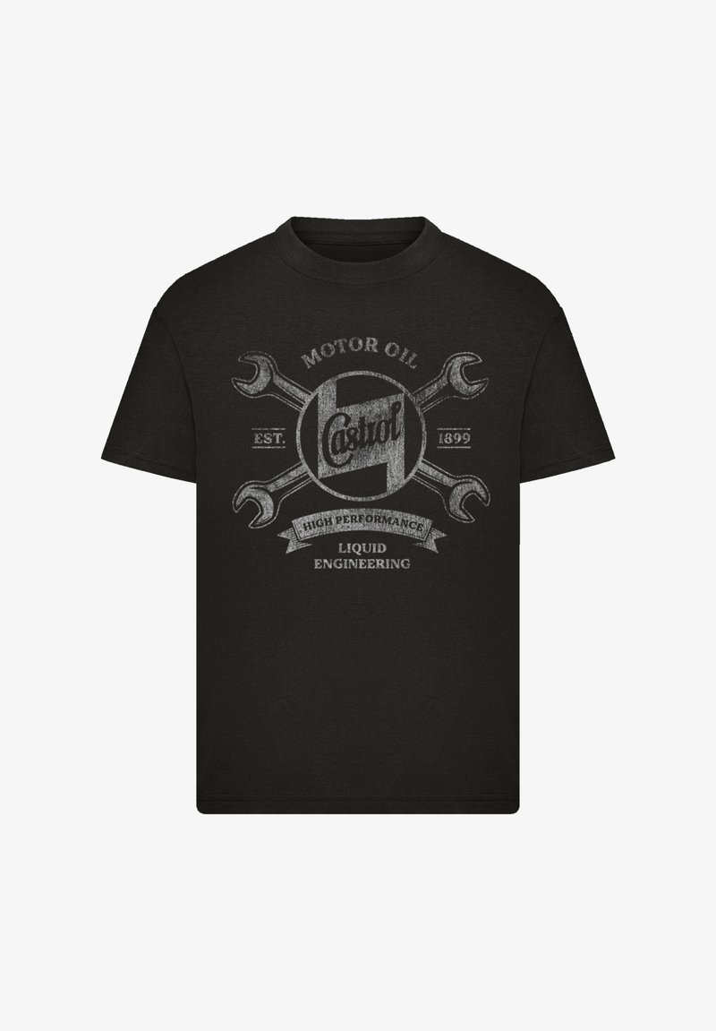 Schwarzes T-Shirt mit einem Vintage Castrol-Logo, gekreuzten Schraubenschlüsseln und Texten wie "Motoröl", "Gegründet 1899", "Hochleistung" und "Flüssingenie Engineering."