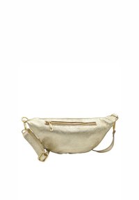 Ce sac banane métallique doré a une finition texturée, avec une fermeture zippée sur le dessus, une sangle ajustable et une poche zippée à l'avant pour un rangement supplémentaire.