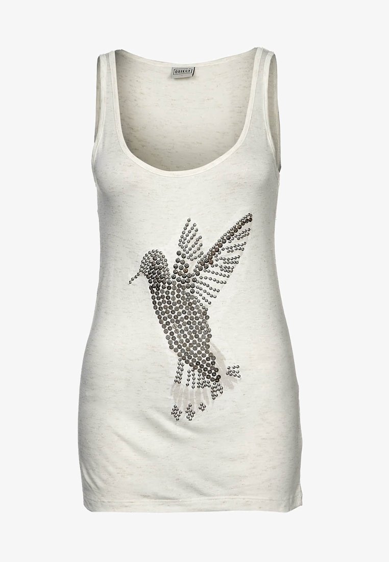 White tank top featuring a metallic embellished hummingbird graphic, with a scoop neckline and a relaxed fit. Made of lightweight fabric.