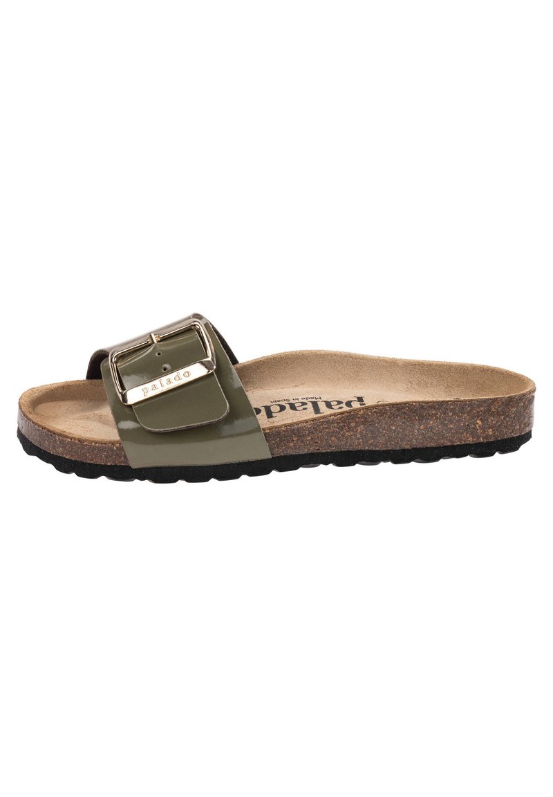 Green patent slide sandal with a large metal buckle, cork footbed, and textured black rubber sole. Smooth surface and minimalistic design.