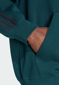 Πράσινος φούτερ με μπροστινή τσέπη, υφασμάτινη υφή και σκούρες γκρι ρίγες στους μανίκους. Ο σφιχτός καρπός είναι ribbed για άνετη εφαρμογή.