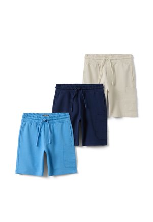 Drei Paar Herren-Casual-Shorts in Hellblau, Navy und Beige, jeweils mit elastischem Bund, Kordelzug und seitlicher Cargotasche.