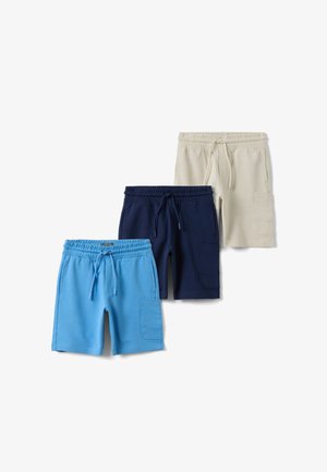 Drei Paar Herren-Casual-Shorts in Hellblau, Navy und Beige, jeweils mit elastischem Bund, Kordelzug und seitlicher Cargotasche.