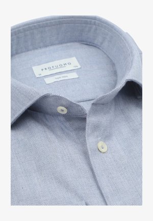 Lichtblauw herenshirt met visgraatmotief, witte knopen en een omgeslagen kraag, gelabeld als kreukvrij door Profuomo.