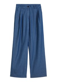 Lightweight, dark blue wide-leg pants with pleats, a button closure, and a smooth denim texture. Features a relaxed fit and tailored waistband.