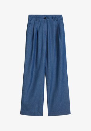 Pantaloni larghi leggeri di un blu scuro, con pieghe, chiusura con bottone e una texture denim liscia. Caratterizzati da una vestibilità rilassata e una vita sagomata.