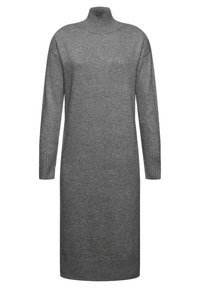 Robe en maille grise à col roulé avec manches longues, poignets et ourlet côtelés, offrant une coupe décontractée et une texture lisse. Convient pour un usage décontracté.