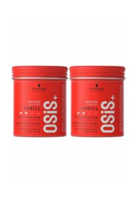 Två röda metallburkar med Schwarzkopf Osis+ Thrill elastiskt fiberlim, var och en på 100 mL, med fet vit text och en slät, glänsande yta.