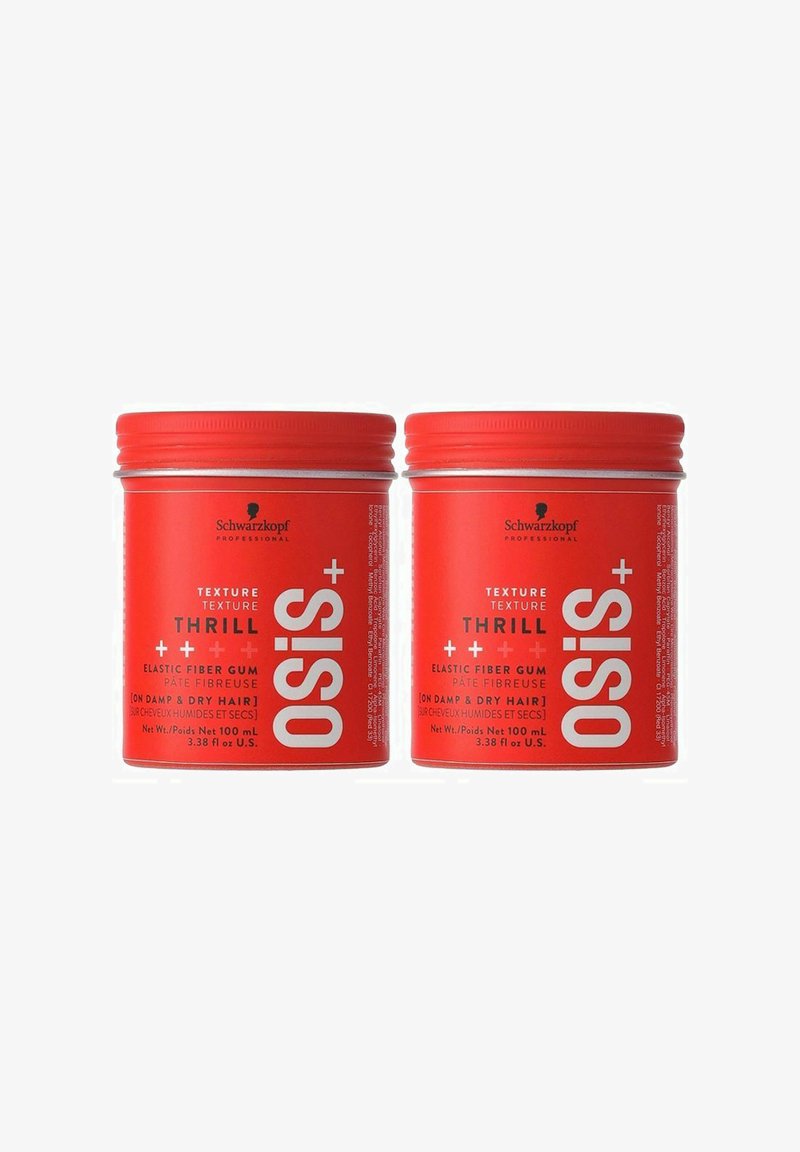 Två röda metallburkar med Schwarzkopf Osis+ Thrill elastiskt fiberlim, var och en på 100 mL, med fet vit text och en slät, glänsande yta.