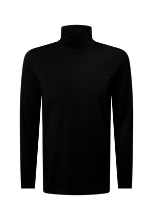 Black long-sleeve turtleneck sweater with a slim fit and subtle logo on the left chest.