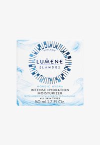 Lumene Nordic Hydra Intense Hydration Moisturizer verpakking; witte doos met blauwe accenten, cirkelontwerp, 50 ml, tekst duidelijk weergegeven.
