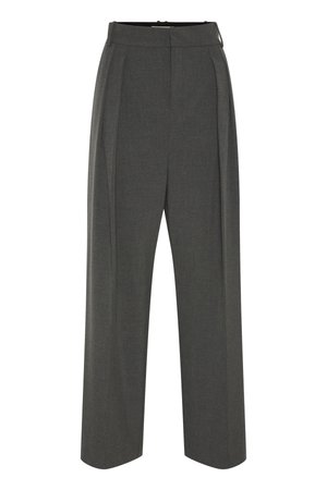 Charcoal gray wide-leg trousers with a high waist, pleated front, and smooth texture. Features a classic design with no visible hardware.