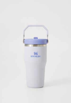 Stainless steel tumbler in white with a lavender lid and handle. Features a silver band at the top, embossed logo, and a smooth texture.