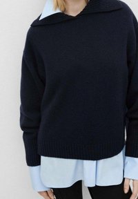 Woman wearing a navy blue knit sweater over a light blue collared shirt with black pants against a plain background.