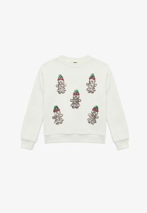 Weißer Sweatshirt mit fünf glitzernden Lebkuchenfiguren, die grüne und rote Hüte tragen, runde Bommel und eine weiche, glatte Textur aufweisen.