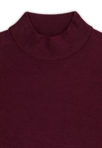Bordowy sweter z golfem z miękkiego materiału o gładkiej teksturze, z żeberkowym kołnierzem, idealny do noszenia w warstwach w chłodniejsze dni.