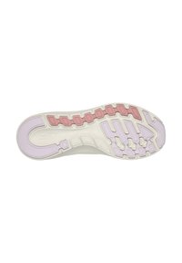 Sole di sneakers bianche con accenti in gomma rosa e lavanda, caratterizzata da un motivo di presa testurizzato e un design curvo. Leggera e flessibile.