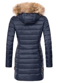 Navy blue puffer coat with horizontal quilted design, fur-lined hood, and side panels. Features seamless finish and adjustable hem.