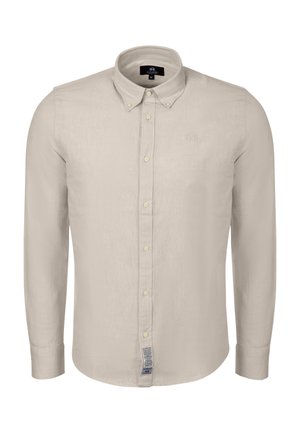 Beżowa koszula z długim rękawem zapinana na guziki, z kołnierzykiem na guziki i małym haftowanym logo na lewej piersi.