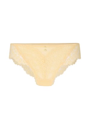 Beige Spitzen-Bikini-Damenunterwäsche mit wellenförmigen Rändern und zwei kleinen Knöpfen vorne in der Mitte.