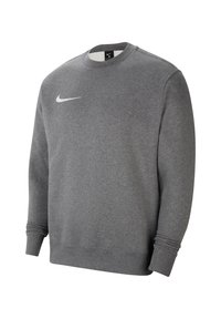 Sudadera gris de manga larga y cuello redondo con puños y dobladillo de canalé, que presenta un logo de swoosh de Nike en blanco en la parte superior izquierda del pecho.