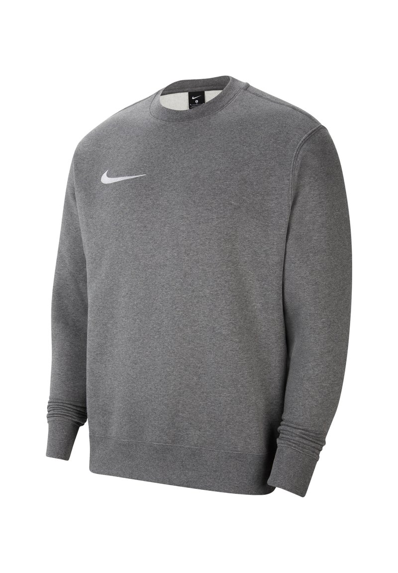 Sudadera gris de manga larga y cuello redondo con puños y dobladillo de canalé, que presenta un logo de swoosh de Nike en blanco en la parte superior izquierda del pecho.