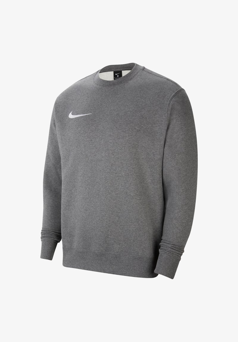 Sudadera gris de manga larga y cuello redondo con puños y dobladillo de canalé, que presenta un logo de swoosh de Nike en blanco en la parte superior izquierda del pecho.