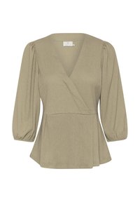 Blouse vert kaki avec encolure en V, manches 3/4 plissées, design portefeuille et ourlet à basque. Fabriquée en tissu texturé.