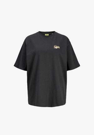 T-shirt in cotone nero con vestibilità rilassata, maniche corte e scollatura rotonda. Presenta testo ricamato in oro sul petto.