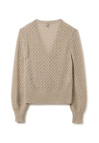 Maglione beige lavorato a maglia con scollatura a V profonda, motivo testurizzato, orlo e polsini a coste, maniche lunghe e dettagli di lavorazione aperta.