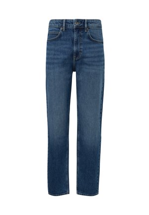 Vaqueros de denim en azul medio con corte recto, diseño clásico de cinco bolsillos, parte delantera desgastada, cierre de botón y presillas para cinturón.
