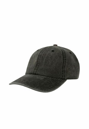Dunkelgraue Baumwoll-Baseballkappe mit gebogenem Schirm und abgesteppten Paneelen, vor weißem Hintergrund dargestellt.