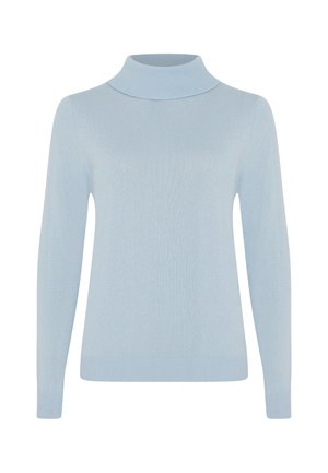 Helles blauer Rollkragenpullover mit langen Ärmeln, geripptem Kragen und Bündchen, glatter Textur und figurbetontem Schnitt. Keine Muster oder Akzente sichtbar.