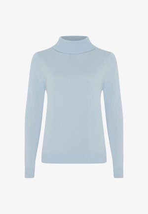 Helles blauer Rollkragenpullover mit langen Ärmeln, geripptem Kragen und Bündchen, glatter Textur und figurbetontem Schnitt. Keine Muster oder Akzente sichtbar.